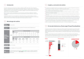 4 5
Tamaño,
distribución
de la muestra
y error
muestral
Número de empleados
Total
1
1.189
+
- 2,8
2
1.246
+
- 2,8
3
789
+
- 3,5
4
558
+
- 4,1
5
487
+
- 4,4
6
260
+
- 6,1
7
142
+
- 8,2
8
142
+
- 8,2
9
94
+
- 10,1
No tienen
2.238
+
- 2,1
7.885
+
- 1,1Error
muestral
10 ó más
740
+
- 3,6
Sector de actividad
Total
127
+
- 8,7
392
+
- 4,9
2.141
+
- 2,1
1.276
+
- 2,7
381
+
- 5,0
3.234
+
- 1,7
334
+
- 5,4
Agricultura,
Ganadería,
Pesca y
Minería
Comercio
Mayorista
Comercio
Minorista
Hostelería y
Turismo
Industria Servicios Transporte
7.885
+
- 1,1
Error
muestral
Nota
metodológica
A lo largo del informe se han indicado en verde y negrita los datos con diferencia significativa
superior a la media al 95% y en gris y negrita los datos con diferencia significativa inferior a la
media al 95%.
Fecha Del 14 de Marzo al 21 de Junio de 2016.
Duración de
la encuesta
De 5 a 10 minutos.
Universo
Empresas y Autónomos que han completado la encuesta de índice de digitalización en
porquetienesqueestar.com
Tipo de
entrevista
Encuesta online.
• El smartphone es el dispositivo electrónico más utilizado por los negocios en España, principalmente impulsado por
las nuevas formas de trabajo y el alto nivel de movilidad de autónomos y Pymes.
• El TPV / Datáfono se considera el dispositivo con mayor potencial de evolución vinculado a los pagos en movilidad y
mayor percepción de valor añadido que ofrece un negocio.
• El email continúa siendo la herramienta digital más utilizado por las Pymes y Autónomos en España, sin embargo,
gana terreno la mensajería instantánea.
• A pesar del alto grado de movilidad de los negocios en España las herramientas de videollamada siguen estando a la
cola en uso.
• Una herramienta digital con baja penetración pero con un alto potencial para mejorar la escalabilidad y posibilidad de
crecimiento a través del ahorro en costes de las Pymes y Autónomos es la tecnología cloud y el almacenamiento online.
• Aunque la mayoría de empresas declara que siempre utiliza Internet, todavía existe una masa numerosa de negocios
que no dispone de página web. De entre las que si disponen de web, solo 3 de cada 10 la utiliza para vender online.
• El uso de dominio propio en web y email, la utilización de redes sociales como Instagram y LinkedIn destaca en los
negocios con mayor sensibilidad a su imagen pública: Comercio Mayorista, Industria y Servicios.
• Existe una verdadera brecha digital diferente para cada sector, con soluciones adaptadas a sus necesidades.
2
3
Metodología del análisis
Insights y conclusión del análisis
4
1
El mercado Autónomos y Pymes según PorqueTienesQueEstar
Introducción
El mercado de las Pymes y Autónomos en España está sufriendo transformaciones relevantes en las formas de trabajo,
la gestión de la relación con clientes y las comunicaciones con empleados y agentes externos. Mientras hace años el
trabajo destacaba por ser presencial, según los usuarios de PorqueTienesQueEstar.com, las formas de trabajo mixtas y el
trabajo a distancia ganan peso en el mercado. Además, casi un 20% afirma realizar trabajo o venta fuera de las fronteras
españolas.
En relación al lugar de trabajo, encontramos significativo que casi un 34% de los autónomos y Pymes trabajan en
movilidad, y de éstos la mitad trabaja más del 75% de su tiempo fuera de su lugar de trabajo. Otra tendencia destacada
es el uso del hogar como lugar principal de trabajo, en el cual 1 de cada 4 autónomos y Pymes afirma trabajar.
Puede consultar la distribución de estos resultados por sector de actividad en las tablas 1.0, 1.1 y 1.2.
4 de cada 5 clientes buscan online antes de comprar, las cafeterías con WiFi venden hasta 3 veces más cafés, los
negocios con publicidad online reciben hasta el triple de llamadas, trabajar en la nube ahorra hasta un 20% del tiempo
dedicado a reuniones. El mundo está cambiando y los autónomos y pequeñas y medianas empresas se encuentran con
la necesidad de dar a conocer sus productos, ser más visibles y adaptarse a nuevas formas de trabajar, tanto con sus
clientes como con sus proveedores y empleados.
Muchas empresas no saben cómo enfrentarse a un nuevo reto para su supervivencia: la digitalización. Vodafone
quiere ayudarles en este proceso de cambio ofreciendo el asesoramiento que necesitan para hacer su negocio más
competitivo.
Por todo esto, Vodafone creo un test de digitalización donde cada autónomo y profesional podía ver el nivel de
digitalización que tiene su empresa. Este test, que han realizado más de 7.800 Pymes hasta la fecha, nos ha permitido
realizar este informe donde se refleja el estado digital de las empresas españolas por sectores.
Tamaño
No tengo
empleados
1
2
3
4
5
6
7
8
9
10 o más
28,4
15,1
9,4
1,2
15,8
10,0
7,1
6,2
3,3
1,8
1,8
Formas de trabajo
35,8
56,3
7,9
En persona
Ambas
A distancia
Base Tiene empleados (n=5645)
La internacionalización
del trabajo y las ventas
No Sí
80,2%
19,8%
 