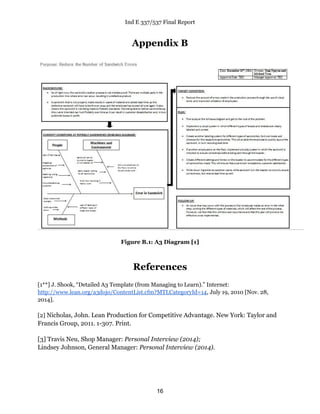 Ind E 337/537 Final Report
16
Appendix B
Figure B.1: A3 Diagram [1]
References
[1**] J. Shook, “Detailed A3 Template (from Managing to Learn).” Internet:
http://www.lean.org/a3dojo/ContentList.cfm?MTLCategoryId=14, July 19, 2010 [Nov. 28,
2014].
[2] Nicholas, John. Lean Production for Competitive Advantage. New York: Taylor and
Francis Group, 2011. 1-307. Print.
[3] Travis Neu, Shop Manager: Personal Interview (2014);
Lindsey Johnson, General Manager: Personal Interview (2014).
 