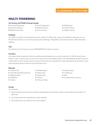 DestinationImagination.org 13
MULTI-TOWERING
21st Century and STEAM Learning Concepts
¡¡ Structural Engineering
¡¡ Architectural Design
¡¡ Mathematical Theory
¡¡ Creative Expression
¡¡ Materials Science
¡¡ Communication
¡¡ Collaboration
¡¡ Critical Thinking
¡¡ Problem Solving
Challenge
Your TASK is to build as many freestanding towers, at least 12 in (30cm) high, using as many different materials as you can
that will hold a balloon on top. For the purpose of this Challenge, “freestanding” means that the tower is NOT attached to
anything.
Time
You will have up to 5 minutes to use your IMAGINATION to build your structure.
Procedure
(6 minutes): Use the materials to build as many free-standing towers as you can that are at least 12 in (30cm) tall each with a
balloon on top. To receive score, you must move each tower to the 2nd table, where it will immediately be verified as being 12
in (30cm) tall. No team member may be touching a tower when this measurement is made. Only towers that have been moved
and measured by the end of the 6 minutes will receive score.
Materials
¡¡ 1 Piece of Foil
¡¡ 5 Chenille Sticks (Pipe Cleaners)
¡¡ 2 Mailing Labels
¡¡ 10 Balloons
¡¡ 4 Straws
¡¡ 3 Rubber Bands
¡¡ 3 Paper Clips
¡¡ 4 Index Cards
¡¡ 2 Pencils
¡¡ 2 Pieces of Paper
¡¡ 2 Plastic Gloves
¡¡ 1 Coffee Cup
¡¡ Ruler
¡¡ 12in (30cm) Piece of String
Scoring
You will receive:
A.	 10 points (60 points maximum) for each free-standing tower that has been moved to the 2nd table and is at least 12 in
(30cm) tall.
B.	 Up to 20 points for how creatively you use the materials.
C.	 Up to 20 points for how well your team works together.
CLASSROOM ACTIVITIES
 