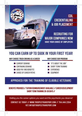 YOU CAN EARN UP TO $60K IN YOUR first year!
WHY CHOOSE TRUCK DRIVING AS A CAREER WHY CHOOSE OUR PROGRAM
current demand
continuing demand
good pay and benefits
choice of career paths
“it’s about the job!”
short term training
experience
equipment
APPROVED FOR THE TRAINING OF ELIGIBLE VETERANS
BENEFITSPROVIDED//TUITIONReimbursementAVAILABLE//careerdevelopment
shorttermtraining26-30DAYS//
CONTACT US TODAY // WWW.TROOPS2TRANSPORT.COM // 754.444.2354
VET.INFO@TROOPS2TRANSPORT.COM
CDL
CREDENTIALING
& JOB PLACEMENT
RECRUITING FOR
MAJOR COMPANIES NOW
Have your choice of employers
Getting you the career options you want and the paychecks you deserve!
 