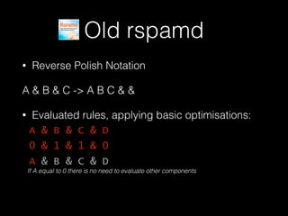 Old rspamd
• Reverse Polish Notation
A & B & C -> A B C & &
• Evaluated rules, applying basic optimisations:
A & B & C & D...