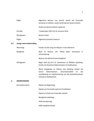 5
Pligte: Algemene bestuur van winkel, opstel van finansiële
prosesse en stelsels, asook verfyning van bestuurstelsel.
Oudit van bestuurstelsel in gebruik.
Periode: 1 September 2012 tot 31 Januarie 2014
Werkgewer: Brazen Graan
Pligte: Algemene boerdery bestuur
4.2 Vorige werk ondervinding
Weermag: Vorder tot die rang van Majoor in die Infanterie
Besigheid: Besit en bestuur vier “Noise Boys” konsessies in
Johannesburg
Bestuur eie Administrasie besigheid
Werkgewer: Begin werk by die S.A. Poskantoor na Militêre opleiding.
Vorder tot Assistent Rekenmeester te Hoofkantoor.
Word oorgeplaas na Telkom met skeiding. Vorder tot
Senior Rekenmeester. Verantwoordelik vir die
ontwikkeling en implimentering van die bankrekonsiliasie
stelsels te Hoofkantoor.
5. ONDERVINDING
Aansoekverwant: Opstel van Begrotings
Opstel van Finansiële state tot Proefbalans
Opstel en Oudit van Finansiële stelsels
Besigheid ontledings
PAYE berekenings
SARS aangeleenthede
 