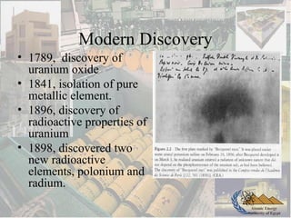 Atomic Energy
Authority of Egypt
Modern Discovery
• 1789, discovery of
uranium oxide
• 1841, isolation of pure
metallic element.
• 1896, discovery of
radioactive properties of
uranium
• 1898, discovered two
new radioactive
elements, polonium and
radium.
 