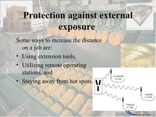 Atomic Energy
Authority of Egypt
Protection against external
exposure
Some ways to increase the distance
on a job are:
• Using extension tools,
• Utilizing remote operating
stations, and
• Staying away from hot spots.
 