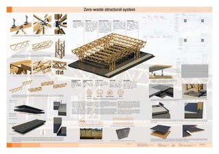 Delft University of Technology
Faculty of Architecture and the built environment
Master track Building Technology
5-4-2016 Students:
Robert Sebastiaan van Houten - 4063570
Nick Anthony de Lange - 4092813
Mentors:
ir. Frank R. Schnater - Chair of Design of Construction
ir. Joris Smits - Chair of Structural Design
External examiner:
ir. Robert Nottrot
System choice ElementsMaterial choice Design of connections
System choice, material choice and the design of connections are important for zero-waste. Next to this, a
zero-waste foundation will always consist out of separate elements.
Zero-waste structural system
The load bearing structure is designed from timber. The
predictable charring rate of the timber is used to protect the
structure from fire. The increasing temperature does not effect
the strength of the timber and the charring rate can be used to
calculate a period of time in which the structure remains safe.
No additional fire protection is required.
The superstructure is designed to reduce the total
amount of elements and connections on the building site to
increase the efficiency of (dis)assembly. Steel nodes and bolts
are used to connect the timber elements together to form
prefabricated components. These are then further assembled
on the building site using the same type of connection. The size
of the prefabricated elements is based on the maximum size of
a normal truck to avoid special transports.
The superstructure is designed for efficient (dis)assembly, which
also takes stability into consideration. The space-truss forms a
stable portal in combination with the columns. The columns and
the space-truss parts are also stable on their own and do not
require temporary bracing.
The design utilises a floating foundation. The total weight of the
building is equalled by the weight of the soil that is excavated
from the building site. The stress on the soil will thus remain the
same as prior to construction which will prevent settling of the
building and provide the necessary load bearing capacity.
The floating foundation will be made out of demountable
elements. The elements are made from a lightweight material
but is strong in compression: aluminium foam. The slab is
designed as a sandwich structure which is strong enough to
handle the internal moments caused by the columns and other
loads. The elements are connected together to form a rigid slab
to avoid settling of individual elements and to increase the total
load bearing capacity of the foundation.
The total structure design thus consists out of demountable
elements made from recyclable or renewable materials. The
amount of total elements and connections are minimised to
increase the efficiency of disassembly. All this makes the
structural design a zero-waste solution.
Integrated facade
connection
Connection to the
facade is integrated
into the foundation
design.
Lightweight
The foundation is designed
to ‘float’ on the soil and is
therefore made using a
lightweight structure of an
aluminium foam sandwich.
Demountable
Thefoundationcomponentsare
securedusingbolts,makingita
demountable foundation slab.
Shape connections provide
the structural connections
between the elements.
Demountable
Large prefabricated
elements allow for
fast (dis)assembly on
the building site using
a minimum amount
of connections and
elements
Safe in ﬁre
Timber is used for the
superstructure as it can be
engineered for fire safety
using the predictable
charring rate. No additional
coatings or protection is
required, and timber is a
renewable material.
Smart connections
Steel nodes are used to
provide the connection
between timber elements
and components. Only
a small amount of bolts
are required because the
connections are designed to
be pinned and do not need
to transfer moments.
Truss design
By using trusses the
connections can be made
pinned and allow for large
spanning elements. Both
reduce the amount of
connections on the building
site
Stable elements
The column and space-
truss form a stable portal
and require no additional
bracing during (dis)
assembly
Large elements
To reduce the number of
elements in the foundation,
the components are made as
large as possible
Integrated climate
system
The climate system
can be placed in the
gutters in the floor
panels.
Aluminium screw insert
Aluminium sheet
Positive stud shape
Aluminium sheet
Bolt with cork sealant
Negative stud shape
Cork sealant strip
Groove for sealant
The foundation consists out of two layers of aluminium foam elements which are designed to function as a sandwich structure. The outer layers of
the sandwich are aluminium sheets which are bonded to the aluminium foam during the foaming process, creating a metallic bond. The sheets are
connected between elements using a hook connection. The aluminium foam has integrated shear studs for mitigating shear forces, these also help
in the alignment of the elements. The elements are secured together with bolts. The placement of the top layer on the bottom layer is optimised for
reducing forces in the slab.
The floor element insulates the building from the foundation using a cork layer. Grooves are integrated into the cork to allow for piping and wiring. A steel plate is
welded onto a steel grate and inserted into the cork. The connection is friction based and the steel plate can be removed using the gaps integrated onto the side
of the element. The floor element also has integrated lifting holes to increase the efficiency of (dis)assembly.
The truss and space-truss consist out of parts which are assembled on the building site. This is necessary to avoid special transport. The space-truss
is a heavy and large element and by dividing it into sections the need of additional cranes or very large cranes is avoided. The parts can be joined
together using only a few bolt connections.
The weight of the soil excavated is equal to the total building weight
Timber has a predictable charring rate which can be used for fire safety
The foundation elements are connected rigidly to prevent deformation
Aluminium foam is used as a lightweight fill material for the foundation
The components are prefabricated into elements that fit onto regular trucks. The prefabrication reduces the
amount of connections that need to be made on the building site. It also allows for the reuse of the individual
timber elements in the total component.
The connections between the timber elements are made using steel nodes. The steel nodes are made out of steel plates which are welded together.
The timber elements have slots in which the nodes fit and are fastened with bolts.
The prefabricated elements are assembled on the building site using the steel nodes and bolts.
f t hi h bl d th b ildi it Thi i t id i l t t Th t
The roof is connected to the structure with a steel socket and transfers the
horizontal forces of the wind. The socket is connected rigidly to the truss.
The tube inserted into the socket is pinned to the roof.
The column connection to the foundation is made to transfer compressive and tensile forces. It also allows for adjustment of the position of the column. The steel
plates disperse the point load induced by the columns over a larger surface area.
The foundation edge element is designed to connect with the facade elements. The foundation supports the vertical load of the facade and the shape of the edge
element also secures the element in place and diverts the horizontal forces to the foundation. An aluminium sheet is integrated in the foam to reduce the total
stress on the foam.
ation elements are connected rigidly to prevent d
f i d li ht i ht fill t i l f th
 
