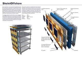 SkeletOffshore
Insulation
Facade to floor fixing, also
add-on capability
Element to element
fixing
PV-panels
Corrugated alumini-
um sheet
Integrated aluminium
window frame, with tri-
ple glazing and integrated
shading
Corrugated alluminium
sheet, also used as air
duct in cold climate
Anodized aluminium
sheet
Polished aluminium
sheet
This assignment was accomodated by KeppelVerolme
BV. Current semi-submersible accomodations (Floatels)
are very energy consuming. In order to save on costs
KeppelVerolme BV asked to design a new accomodation
for 400 workers on top of a semi-submersible platform.
Every worker must be provided with his own cabin with
daylight acces.Along with building services, recreational
spaces and catering spaces were also needed.
This design proposes a solution that is lower in operation
costs (OPEX) and also lower in construction costs (CAPEX).
The building is made around a steel skeleton structure.
In contrary to conventional solutions, the steel skeleton
is warm and is bolted instead of welded.The structure
consists of columns and floor elements, which are rigidly
connected to provide stability.
The facade is made of corrugated aluminium sandwich
elements. These provide insulation for the structure.
The panels are connected to the structure using a bolt
connection.These connections also provide the opportunity
for add-ons if needed in the future. The cavity in the
corrugated plates is used to pre-heat the ventilation air.
The building is designed for repetition in order to save
costs in production and construction.
Year:		 2015
Language:	English
Course:	 Master - Extreme
Grade:		 9/10
Duration:	 10 weeks
 