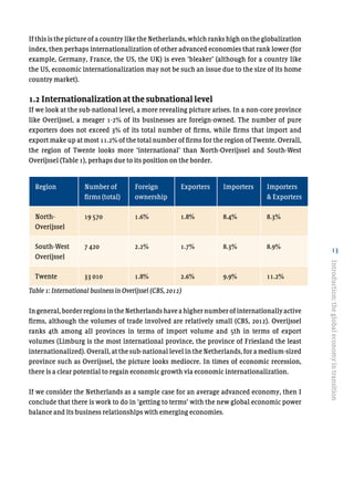 13
If this is the picture of a country like the Netherlands, which ranks high on the globalization
index, then perhaps internationalization of other advanced economies that rank lower (for
example, Germany, France, the US, the UK) is even ‘bleaker’ (although for a country like
the US, economic internationalization may not be such an issue due to the size of its home
country market).
1.2 Internationalization at the subnational level
If we look at the sub-national level, a more revealing picture arises. In a non-core province
like Overijssel, a meager 1-2% of its businesses are foreign-owned. The number of pure
exporters does not exceed 3% of its total number of firms, while firms that import and
export make up at most 11.2% of the total number of firms for the region of Twente. Overall,
the region of Twente looks more ‘international’ than North-Overijssel and South-West
Overijssel (Table 1), perhaps due to its position on the border.
Region Number of
firms (total)
Foreign
ownership
Exporters Importers Importers
& Exporters
North-
Overijssel
19 570 1.6% 1.8% 8.4% 8.3%
South-West
Overijssel
7 420 2.2% 1.7% 8.3% 8.9%
Twente 33 010 1.8% 2.6% 9.9% 11.2%
Table 1: International business in Overijssel (CBS, 2012)
Ingeneral,borderregionsintheNetherlandshaveahighernumberofinternationallyactive
firms, although the volumes of trade involved are relatively small (CBS, 2012). Overijssel
ranks 4th among all provinces in terms of import volume and 5th in terms of export
volumes (Limburg is the most international province, the province of Friesland the least
internationalized). Overall, at the sub-national level in the Netherlands, for a medium-sized
province such as Overijssel, the picture looks mediocre. In times of economic recession,
there is a clear potential to regain economic growth via economic internationalization.
If we consider the Netherlands as a sample case for an average advanced economy, then I
conclude that there is work to do in ‘getting to terms’ with the new global economic power
balance and its business relationships with emerging economies.
Introduction:theglobaleconomyintransition
 