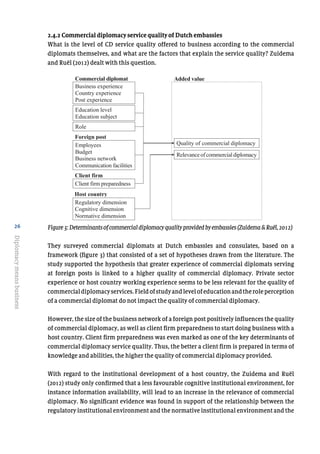26
Diplomacymeansbusiness
2.4.2 Commercial diplomacy service quality of Dutch embassies
What is the level of CD service quality offered to business according to the commercial
diplomats themselves, and what are the factors that explain the service quality? Zuidema
and Ruël (2012) dealt with this question.
Figure3:Determinantsofcommercialdiplomacyqualityprovidedbyembassies(Zuidema&Ruël,2012)
They surveyed commercial diplomats at Dutch embassies and consulates, based on a
framework (figure 3) that consisted of a set of hypotheses drawn from the literature. The
study supported the hypothesis that greater experience of commercial diplomats serving
at foreign posts is linked to a higher quality of commercial diplomacy. Private sector
experience or host country working experience seems to be less relevant for the quality of
commercialdiplomacyservices.Fieldofstudyandlevelofeducationandtheroleperception
of a commercial diplomat do not impact the quality of commercial diplomacy.
However, the size of the business network of a foreign post positively influences the quality
of commercial diplomacy, as well as client firm preparedness to start doing business with a
host country. Client firm preparedness was even marked as one of the key determinants of
commercial diplomacy service quality. Thus, the better a client firm is prepared in terms of
knowledge and abilities, the higher the quality of commercial diplomacy provided.
With regard to the institutional development of a host country, the Zuidema and Ruël
(2012) study only confirmed that a less favourable cognitive institutional environment, for
instance information availability, will lead to an increase in the relevance of commercial
diplomacy. No significant evidence was found in support of the relationship between the
regulatory institutional environment and the normative institutional environment and the
Figure	
  3	
  Lectorale	
  rede	
  Ruël	
  
Figure	
  3:	
  Determinants	
  of	
  commercial	
  diplomacy	
  quality	
  provided	
  by	
  embassies	
  (Zuidema	
  &	
  Ruël,	
  
2012)	
  
	
  
Foreign post
Business experience
Country experience
Post experience
Education level
Education subject
Role
Employees
Budget
Business network
Communication facilities
Client firm preparedness
Commercial diplomat
Client firm
Regulatory dimension
Cognitive dimension
Normative dimension
Host country
Quality of commercial diplomacy
Relevanceofcommercialdiplomacy
Added value
 