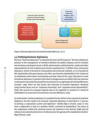 40
Diplomacymeansbusiness
Figure 8: Business diplomacy and related concepts (Ruël et al., 2013)
3.5 Defining business diplomacy
The term “business diplomacy” is explained by Saner and Yiu (2005) as: “Business diplomacy
pertains to the management of interfaces between the global company and its multiple
non-business counterparts (such as NGOs, governments, political parties, media and other
representatives of civil societies) and external constituencies.” It differs from commercial
diplomacy, which is focused on continuation and structural cohesion, as it is focused on
the relationship with governments and other non-business stakeholders to be conducive
to subsidiaries and to reduce uncertainties and risks (Saner & Yiu, 2005). The power or need
of business diplomacy is greatest when there is disagreement or conflict with non-business
counterparts;itprovidesthepossibilityforsolutionsbyrecognizingandvaluingdifferences
(London, 1999). There are also factors that intervene in business diplomacy. Muldoon
(2005) stresses terms such as “corporate citizenship” and “corporate social responsibility”
(CSR). The success of a company depends also on its capability to commit to a variety of
stakeholders on social and environmental concerns (Muldoon, 2005).
As stated earlier, business diplomacy is considered to be similar to the concept of corporate
diplomacy, but this needs to be nuanced. Corporate diplomacy is described as “a process
to develop a corporation’s power and legitimacy” (Ordeix-Rigo & Duarte, 2009). In this
view a corporation is seen as a member within a network of stakeholders. The status of
the corporation within this network ensures the influence it has directly (high level of
influence) or indirectly (lower lever of influence) on the agenda of the stakeholders (Ordeix-
Rigo & Duarte, 2009).
 