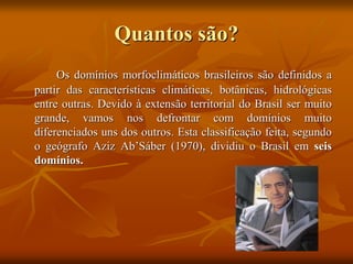 Quantos são?
Os domínios morfoclimáticos brasileiros são definidos a
partir das características climáticas, botânicas, hidrológicas
entre outras. Devido à extensão territorial do Brasil ser muito
grande, vamos nos defrontar com domínios muito
diferenciados uns dos outros. Esta classificação feita, segundo
o geógrafo Aziz Ab’Sáber (1970), dividiu o Brasil em seis
domínios.
 