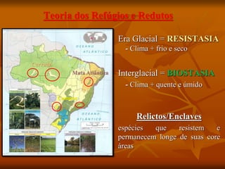 Teoria dos Refúgios e Redutos
Era Glacial = RESISTASIA
- Clima + frio e seco
Interglacial = BIOSTASIA
- Clima + quente e úmido
Relictos/Enclaves
espécies que resistem e
permanecem longe de suas core
áreas
Cerrado
Mata Atlântica
Campos
 