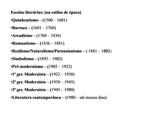 Escolas literárias: (ou estilos de época)
•Quinhentismo – (1500 – 1601)
•Barroco – (1601 – 1768)
•Arcadismo – (1768 – 1836)
•Romantismo – (1836 – 1881)
•Realismo/Naturalismo/Parnasianismo – ( 1881 – 1922
•Simbolismo – (1893 – 1922)
•Pré-modernismo – (1902 – 1922)
•1ª ger. Modernista – (1922 – 1930)
•2ª ger. Modernista – (1930 – 1945)
•3ª ger. Modernista – (1945 – 1960)
•Literatura contemporânea – (1960 – até nossos dias)
Escolas literárias: (ou estilos de época)
•Quinhentismo – (1500 – 1601)
•Barroco – (1601 – 1768)
•Arcadismo – (1768 – 1836)
•Romantismo – (1836 – 1881)
•Realismo/Naturalismo/Parnasianismo – ( 1881 – 1922
•Simbolismo – (1893 – 1922)
•Pré-modernismo – (1902 – 1922)
•1ª ger. Modernista – (1922 – 1930)
•2ª ger. Modernista – (1930 – 1945)
•3ª ger. Modernista – (1945 – 1960)
•Literatura contemporânea – (1960 – até nossos dias)
Escolas literárias: (ou estilos de época)
•Quinhentismo – (1500 – 1601)
•Barroco – (1601 – 1768)
•Arcadismo – (1768 – 1836)
•Romantismo – (1836 – 1881)
•Realismo/Naturalismo/Parnasianismo – ( 1881 – 1893)
•Simbolismo – (1893 – 1902)
•Pré-modernismo – (1902 – 1922)
•1ª ger. Modernista – (1922 – 1930)
•2ª ger. Modernista – (1930 – 1945)
•3ª ger. Modernista – (1945 – 1970)
•Literatura contemporânea – (1970 – até nossos dias)
 