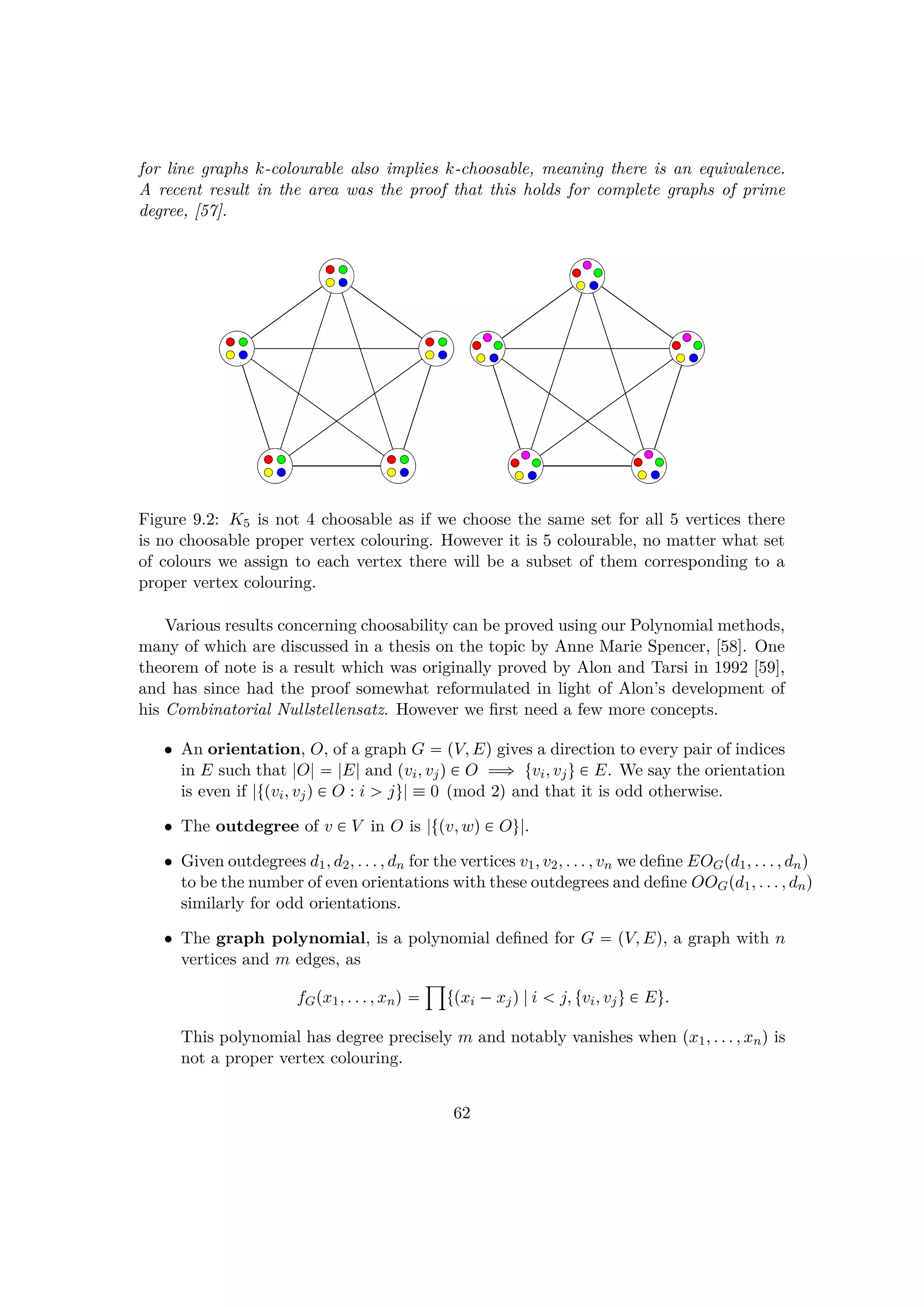 for line graphs k-colourable also implies k-choosable, meaning there is an equivalence.
A recent result in the area was the proof that this holds for complete graphs of prime
degree, [57].
Figure 9.2: K5 is not 4 choosable as if we choose the same set for all 5 vertices there
is no choosable proper vertex colouring. However it is 5 colourable, no matter what set
of colours we assign to each vertex there will be a subset of them corresponding to a
proper vertex colouring.
Various results concerning choosability can be proved using our Polynomial methods,
many of which are discussed in a thesis on the topic by Anne Marie Spencer, [58]. One
theorem of note is a result which was originally proved by Alon and Tarsi in 1992 [59],
and has since had the proof somewhat reformulated in light of Alon’s development of
his Combinatorial Nullstellensatz. However we ﬁrst need a few more concepts.
• An orientation, O, of a graph G  pV, Eq gives a direction to every pair of indices
in E such that |O|  |E| and pvi, vjq € O ùñ tvi, vju € E. We say the orientation
is even if |tpvi, vjq € O : i ¡ ju|  0 pmod 2q and that it is odd otherwise.
• The outdegree of v € V in O is |tpv, wq € Ou|.
• Given outdegrees d1, d2, . . . , dn for the vertices v1, v2, . . . , vn we deﬁne EOGpd1, . . . , dnq
to be the number of even orientations with these outdegrees and deﬁne OOGpd1, . . . , dnq
similarly for odd orientations.
• The graph polynomial, is a polynomial deﬁned for G  pV, Eq, a graph with n
vertices and m edges, as
fGpx1, . . . , xnq 
¹
tpxi ¡xjq|i   j, tvi, vju € Eu.
This polynomial has degree precisely m and notably vanishes when px1, . . . , xnq is
not a proper vertex colouring.
62
 