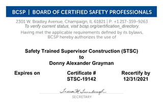 Safety Trained Supervisor Construction (STSC)
to
Donny Alexander Grayman
Expires on Certificate #
STSC-19142
Recertify by
12/31/2021
 