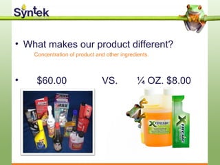 • What makes our product different?
Concentration of product and other ingredients.
• $60.00 VS. ¼ OZ. $8.00
 