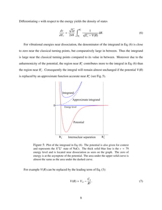 Diﬀerentiating v with respect to the energy yields the density of states
dv
dEv
=
2µ
2π
R+
v
R−
v
1
√
Ev − V(R)
dR. (6)
For vibrational energies near dissociation, the denominator of the integrand in Eq. (6) is close
to zero near the classical turning points, but comparatively large in between. Thus the integrand
is large near the classical turning points compared to its value in between. Moreover due to the
anharmonicity of the potential, the region near R+
v contributes more to the integral in Eq. (6) than
the region near R−
v . Consequently the integral will remain almost unchanged if the potential V(R)
is replaced by an approximate function accurate near R+
v (see Fig. 5).
Rv Rv
Potential
Approximate integrand
Integrand
Energy level
0
Internuclear separation
Figure 5: Plot of the integrand in Eq. (6). The potential is also given for context
and represents the X1Σ+ state of NaCs. The thick solid blue line is the v = 79
energy level and is located near dissociation as seen on the graph. The zero of
energy is at the asymptote of the potential. The area under the upper solid curve is
almost the same as the area under the dashed curve.
For example V(R) can be replaced by the leading term of Eq. (3):
V(R) = V∞ −
Cn
Rn
. (7)
8
 
