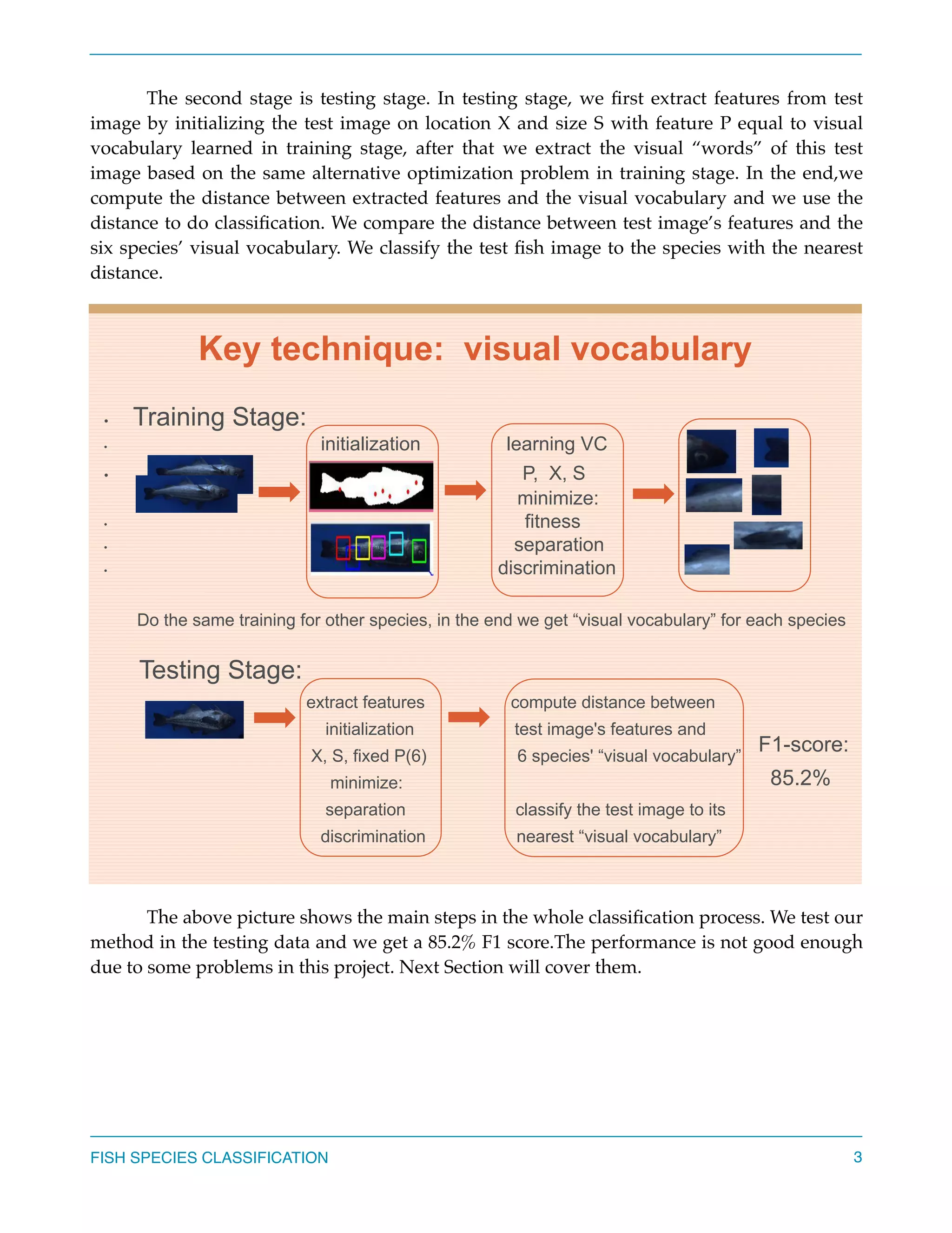 The second stage is testing stage. In testing stage, we ﬁrst extract features from test
image by initializing the test image on location X and size S with feature P equal to visual
vocabulary learned in training stage, after that we extract the visual “words” of this test
image based on the same alternative optimization problem in training stage. In the end,we
compute the distance between extracted features and the visual vocabulary and we use the
distance to do classiﬁcation. We compare the distance between test image’s features and the
six species’ visual vocabulary. We classify the test ﬁsh image to the species with the nearest
distance.
The above picture shows the main steps in the whole classiﬁcation process. We test our
method in the testing data and we get a 85.2% F1 score.The performance is not good enough
due to some problems in this project. Next Section will cover them.
FISH SPECIES CLASSIFICATION 3
Key technique: visual vocabulary
• Training Stage:
• initialization learning VC
• P, X, S
minimize:
• fitness
• separation
• discrimination
Do the same training for other species, in the end we get “visual vocabulary” for each species
Testing Stage:
extract features compute distance between
initialization test image's features and
X, S, fixed P(6) 6 species' “visual vocabulary”
minimize:
separation classify the test image to its
discrimination nearest “visual vocabulary”
F1-score:
85.2%
 