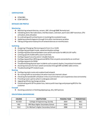 CERTIFICATION
CCNA R&S
CCNPSWITCH
DETAILED JOB PROFILE
Monitoring
Monitoringnetworkdevices,servers,URL’sthroughBMC Remedytool.
Validatingalerts like node down,interface down,coldstart,warmstart,BGP transition,CPU
utilization,diskutilization
Co-ordinatingwithvertical teamsinresolvingthe escalatedissues
UpdatingnetworkdiagramsthroughVisioaftermaintenance window
Takingconfigurationbackupforall networkdevicesonmonthlybasis
Switching
Assigning/Changing/Removingportsfrom/to a VLAN
Configuringswitchportmode,speedandduplex settings
ConfiguringEtherchannel betweencore switchandrouterforMPLS & SIP traffic
LimitingspecificVLAN trafficsovertrunklinks
Configuringportsecurityanderr-disable features
Configuringportfast,BPDUguardand BPDU filteronports connectedtoan endhost
ConfiguringportsforSPAN
Troubleshootingphysical layerincidentssuchasspeed,duplex,lineprotocol mismatch
Assistingendusersforhost-switchconnectionthroughARPandMAC table entries
TroubleshootingSTPrelatedissues
Routing
Configuringstaticroute andunadvertisednetwork
Re-routingtraffictosecondarylinkwhenlocal site internetisdown
Checkingthe bandwidthutilizationinthe circuitlinkwhenusersexperience slow connectivity
Providingrouteruptime whenitundergoescoldstart
UpgradingiOSduringchange window
CoordinatingwithISPforpacketloss,latencywithtrace logsandpreparingRFOfor the
customer
Firewall
Assistingcustomersinfetchingobjectgroup,ACL,NATpolicies
EDUCATIONAL BACKGROUND
COURSE INSTITUTION PASSING YEAR PERCENTAGE
B.E ECE College of Engineering, Guindy 2014 68.1
HSC SRV Boys Higher Secondary School 2010 95.6
SSLC St. Michael'sHigher Secondary School 2008 95.4
 