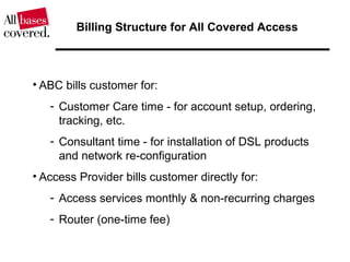 Billing Structure for All Covered Access
• ABC bills customer for:
- Customer Care time - for account setup, ordering,
tracking, etc.
- Consultant time - for installation of DSL products
and network re-configuration
• Access Provider bills customer directly for:
- Access services monthly & non-recurring charges
- Router (one-time fee)
 