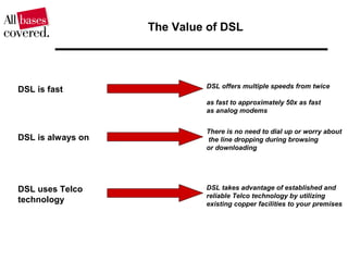DSL is fast DSL offers multiple speeds from twice
as fast to approximately 50x as fast
as analog modems
DSL uses Telco
technology
DSL takes advantage of established and
reliable Telco technology by utilizing
existing copper facilities to your premises
DSL is always on
There is no need to dial up or worry about
the line dropping during browsing
or downloading
The Value of DSL
 