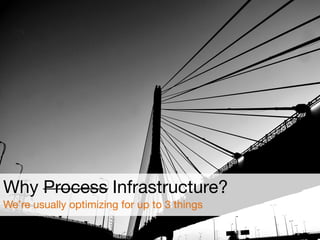 Why Process Infrastructure?

We’re usually optimizing for up to 3 things
 