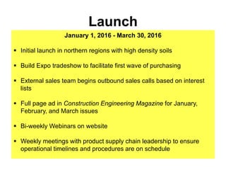Launch
January 1, 2016 - March 30, 2016
 Initial launch in northern regions with high density soils
 Build Expo tradeshow to facilitate first wave of purchasing
 External sales team begins outbound sales calls based on interest
lists
 Full page ad in Construction Engineering Magazine for January,
February, and March issues
 Bi-weekly Webinars on website
 Weekly meetings with product supply chain leadership to ensure
operational timelines and procedures are on schedule
 