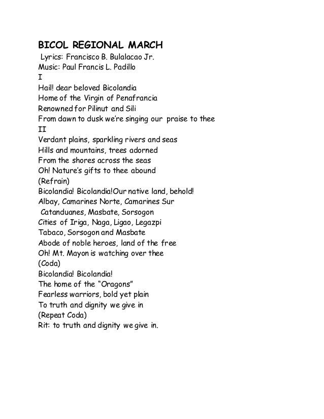 bicol regional march lyrics francisco b Our place opened in march 2015 everything is new inside the room the pacific mall is directly behind the building and less than a minute away bicol regional . bicol regional march lyrics francisco b Our place opened in march 2015 everything is new inside the room the pacific mall is directly behind the building and less than a minute away bicol regional .