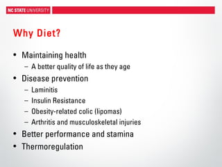 Why Diet?
• Maintaining health
– A better quality of life as they age
• Disease prevention
– Laminitis
– Insulin Resistance
– Obesity-related colic (lipomas)
– Arthritis and musculoskeletal injuries
• Better performance and stamina
• Thermoregulation
 