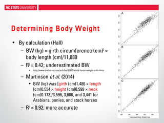 Determining Body Weight
• By calculation (Hall)
– BW (kg) = girth circumference (cm)2
×
body length (cm)/11,880
– R2
= 0.42; underestimated BW
• http://www.thehorse.com/articles/31852/adult-horse-weight-calculator
– Martinson et al. (2014)
• BW (kg) was [girth (cm)1.486 × length
(cm)0.554 × height (cm)0.599 × neck
(cm)0.173]/3,596, 3,606, and 3,441 for
Arabians, ponies, and stock horses
– R2
= 0.92; more accurate
 