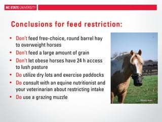 Conclusions for feed restriction:
• Don’t feed free-choice, round barrel hay
to overweight horses
• Don’t feed a large amount of grain
• Don’t let obese horses have 24 h access
to lush pasture
• Do utilize dry lots and exercise paddocks
• Do consult with an equine nutritionist and
your veterinarian about restricting intake
• Do use a grazing muzzle Horse.com
 