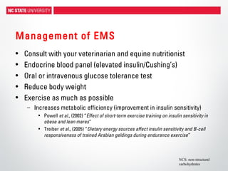 Management of EMS
• Consult with your veterinarian and equine nutritionist
• Endocrine blood panel (elevated insulin/Cushing’s)
• Oral or intravenous glucose tolerance test
• Reduce body weight
• Exercise as much as possible
– Increases metabolic efficiency (improvement in insulin sensitivity)
• Powell et al., (2002) “Effect of short-term exercise training on insulin sensitivity in
obese and lean mares”
• Treiber et al., (2005) “Dietary energy sources affect insulin sensitivity and B-cell
responsiveness of trained Arabian geldings during endurance exercise”
NCS: non-structural
carbohydrates
 