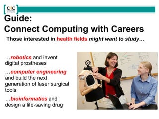 Those interested in health fields might want to study…
…robotics and invent
digital prostheses
…computer engineering
and build the next
generation of laser surgical
tools
…bioinformatics and
design a life-saving drug
Guide:
Connect Computing with Careers
 