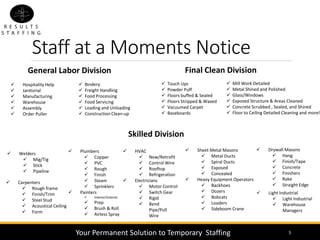 Staff at a Moments Notice
5
 Touch Ups
 Powder Puff
 Floors buffed & Sealed
 Floors Stripped & Waxed
 Vacuumed Carpet
 Baseboards
 Sheet Metal Masons
 Metal Ducts
 Spiral Ducts
 Exposed
 Concealed
 Heavy Equipment Operators
 Backhoes
 Dozers
 Bobcats
 Loaders
 Sideboom Crane
 Plumbers
 Copper
 PVC
 Rough
 Finish
 Steam
 Sprinklers
 Painters
 Interior/Exterior
 Prep
 Brush & Roll
 Airless Spray
 HVAC
 New/Retrofit
 Control Wire
 Rooftop
 Refrigeration
 Electricians
 Motor Control
 Switch Gear
 Rigid
 Bend
Pipe/Pull
Wire
 Hospitality Help
 Janitorial
 Manufacturing
 Warehouse
 Assembly
 Order Puller
 Carpenters
 Rough frame
 Finish/Trim
 Steel Stud
 Acoustical Ceiling
 Form
 Welders
 Mig/Tig
 Stick
 Pipeline
 Drywall Masons
 Hang
 Finish/Tape
 Concrete
 Finishers
 Rake
 Straight Edge
 Mill Work Detailed
 Metal Shined and Polished
 Glass/Windows
 Exposed Structure & Areas Cleaned
 Concrete Scrubbed , Sealed, and Shined
 Floor to Ceiling Detailed Cleaning and more!
 Bindery
 Freight Handling
 Food Processing
 Food Servicing
 Loading and Unloading
 Construction Clean-up
General Labor Division Final Clean Division
Skilled Division
Your Permanent Solution to Temporary Staffing
 Light Industrial
 Light Industrial
 Warehouse
Managers
 