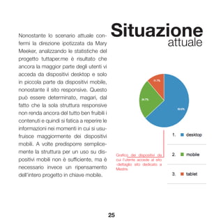 25
Situazione
attuale
Nonostante lo scenario attuale con-
fermi la direzione ipotizzata da Mary
Meeker, analizzando le statistiche del
progetto tuttaper.me è risultato che
ancora la maggior parte degli utenti vi
acceda da dispositivi desktop e solo
in piccola parte da dispositivi mobile,
nonostante il sito responsive. Questo
può essere determinato, magari, dal
fatto che la sola struttura responsive
non renda ancora del tutto ben fruibili i
contenuti e quindi si fatica a reperire le
informazioni nei momenti in cui si usu-
fruisce maggiormente dei dispositivi
mobili. A volte predisporre semplice-
mente la struttura per un uso su dis-
positivi mobili non è sufficiente, ma è
necessario invece un ripensamento
dell’intero progetto in chiave mobile.
Grafico dei dispositivi da
cui l’utente accede al sito
-dettaglio sito dedicato a
Mestre.
 