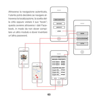 63
Attraverso la navigazione autenticata,
l’utente potrà decidere se navigare at-
traverso la localizzazione, la scelta del-
la città oppure visitare il suo “book”;
questa avviene attraverso i dati Face-
book, in modo da non dover compi-
lare un altro modulo e dover inventare
un’altra password.
 
