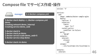 Compose file でサービス作成・操作
46
manager $ vi docker-compose.yml
version: '3'
services:
web:
image: zembutsu/docker-sample-nginx
deploy:
replicas: 3
resources:
limits:
cpus: "0.1"
restart_policy:
condition: on-failure
ports:
- "80:80"
networks:
internal:
aliases:
- web
volumes:
- /etc/localtime:/etc/localtime:ro
networks:
internal:
$ docker stack deploy -c ./docker-compose.yml
demo
Creating network demo_internal
Creating service demo_web
$ docker stack ls
$ docker stack ps demo
$ docker service scale demo_web=5
$ docker service stop demo
$ docker stack rm demo
 