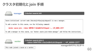 クラスタ初期化と join 手順
60
manager $ docker swarm init
Swarm initialized: current node (hhzcdnj2r43ywjcmjcwbgvwa7) is now a manager.
To add a worker to this swarm, run the following command:
docker swarm join --token SWMTKN-1-0w2m8k41xh1tbapub….. <IP_ADDR>:2377
To add a manager to this swarm, run 'docker swarm join-token manager' and follow the instructions.
worker
$ docker swarm join ¥
--token SWMTKN-1-0w2m8k41xh1tbapub….. <IP_ADDR>:2377
managerのIPアドレスとポート
This node joined a swarm as a worker.
 