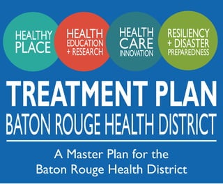 A Master Plan for the
Baton Rouge Health District
TREATMENT PLAN
HEALTHY
PLACE
HEALTH
EDUCATION
+ RESEARCH
HEALTH
CAREINNOVATION
RESILIENCY
+ DISASTER
PREPAREDNESS
BATONROUGEHEALTHDISTRICT
 