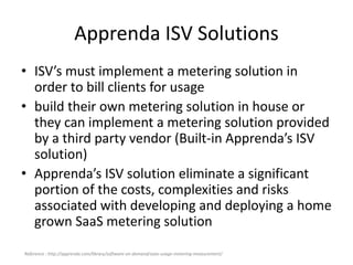 Apprenda ISV Solutions
• ISV’s must implement a metering solution in
order to bill clients for usage
• build their own metering solution in house or
they can implement a metering solution provided
by a third party vendor (Built-in Apprenda’s ISV
solution)
• Apprenda’s ISV solution eliminate a significant
portion of the costs, complexities and risks
associated with developing and deploying a home
grown SaaS metering solution
Reference : http://apprenda.com/library/software-on-demand/saas-usage-metering-measurement/
 