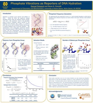 Correlations
Phosphate Vibrations as Reporters of DNA Hydration
Danyal Floisand and Steve A. Corcelli
Department of Chemistry and Biochemistry, University of Notre Dame, Notre Dame, IN 46556
0 10 20 30 40 50
Time (ps)
0
0.2
0.4
0.6
0.8
C(t)
CFull
(t)
CHB
(t)
•  ω(t), Time-dependent transition frequency
•  <ωg>, Gas phase frequency (1234.5 cm-1)
•  c, Stark tuning rate (0.53 cm-1/(MV/cm))
•  E(t), Electric field (MV/cm) projected along the C2
axis
CHE-0845763
Introduction Phosphate Frequency Calculation
Distance from Phosphate Group Solvation Shells Number of Waters per Phosphate Group
Conclusion
Acknowledgements
A1	
   τ1	
  (ps)	
   A2	
   τ2	
  (ps)	
   τ3	
  (ps)	
  
Spectral	
  
Diﬀusion	
  
0.83	
   0.05	
   0.52	
   1.47	
   15.73	
  
H-­‐Bond	
   0.42	
   0.45	
   0.82	
   14.36	
   120.40	
  
Frequency Fluctuation Time Correlation
Hydrogen Bond Correlation
Type	
  of	
  Water	
   Frequency	
  ShiA	
  (cm-­‐1
)	
  
Minor	
   1.0	
  
Major	
   0.6	
  
Sugar-­‐Phosphate	
   -­‐29.0	
  
1st	
  Shell	
   -­‐27.6	
  
6 Å 	
   12 Å 	
  2 Å 	
  
•  At the local minimum 3.7 Å
there is ~4 water molecules
surrounding the phosphate
group – the preferred amount
of water to hydrogen bond to
the phosphate groups
•  As rj approaches 6 Å the
frequency shift plateaus
Average frequencies:
•  First hydration shell: 1206.9
cm-1
•  Second hydration shell:
1195.2 cm-1
To further examine the first effect of
the first hydration shell, each base
was subdivided spatially into three
zones of hydration:
•  Minor groove (red water)
•  Major groove (green water)
•  Backbone (blue water)
•  As the number of water
molecules by the phosphate
group increases the frequency
red shifts
•  Begins to plateau when the
group becomes fully hydrated
•  ~14 cm-1 difference between
1 and 6 water per phosphate
models which closely
matches experimental work
of the Elsaesser group* with a
measured shift of 15 cm-1
*Szyc, Ł.; Yang, M.; Nibbering, E. T. J.; Elsaesser, T. Angewandte Chemie
(International ed. in English) 2010, 49, 3598–610.
! ! − !! = ! ⋅ ! ! !
We implemented the same method that Levinson et al.^ used for dimethyl phosphate to confirm that the
phosphate stretch vibrational frequencies are linearly related to the electric field due to their hydration
environment:
	
  
^Levinson, N. M.; Bolte, E. E.; Miller, C. S.; Corcelli, S. A.; Boxer, S. G. Journal of the American Chemical Society 2011,
133, 13236–9.
Hydration is essential to the structure and stability of
DNA. Within the DNA, the negatively charged
phosphate groups along the backbone interact strongly
with water. The asymmetric stretch of the phosphate
group (νas(PO2)-) undergoes spectra red-shift as the
hydration level increases, thus νas(PO2)- is a sensitive
probe that can be used in ultrafast infrared spectroscopy
to monitor hydration and its real-time dynamics. The
interpretation of the cutting-edge experiments benefits
from molecular dynamics (MD) simulations that directly
connect with the measurements via the theoretical
relationships between phosphate vibrational frequencies
and its surrounding environment.
!
Initial results reveal that at even very low relative humidity one water molecule per phosphate
group persists in DNA and the phosphate vibrations are mostly unaffected by the major/minor
groove water. Correlation analysis uncovers that the water molecules stay around the phosphate
group for a long amount of time. The vibrational lifetime of the phosphate stretch is much shorter,
a faster decay, in comparison to the hydrogen bond lifetime between the water and the phosphate
group. A qualitative understanding of DNA hydration as it relates to phosphate frequencies gives
further insight into experimental measurements.
-3 -2 -1 0 1 2 3
E (MV/cm)
-1.5
-1
-0.5
0
0.5
1
1.5
!"(cm
-1
)
Symmetric
Asymmetric
E
0.53 cm-1/(MV/cm)
(Spectral Diffusion)
 