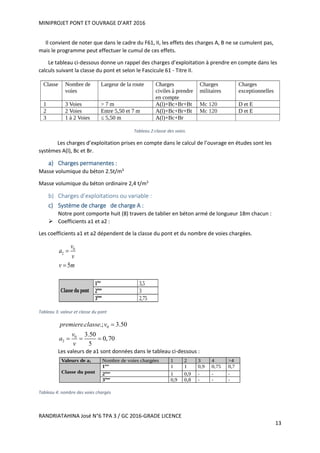 MINIPROJET PONT ET OUVRAGE D’ART 2016
RANDRIATAHINA José N°6 TPA 3 / GC 2016-GRADE LICENCE
13
Il convient de noter que dans le cadre du F61, II, les effets des charges A, B ne se cumulent pas,
mais le programme peut effectuer le cumul de ces effets.
Le tableau ci-dessous donne un rappel des charges d’exploitation à prendre en compte dans les
calculs suivant la classe du pont et selon le Fascicule 61 - Titre II.
Tableau 2:classe des voies.
Les charges d’exploitation prises en compte dans le calcul de l’ouvrage en études sont les
systèmes A(l), Bc et Br.
a) Charges permanentes :
Masse volumique du béton 2.5t/m3
Masse volumique du béton ordinaire 2,4 t/m3
b) Charges d’exploitations ou variable :
c) Système de charge de charge A :
Notre pont comporte huit (8) travers de tablier en béton armé de longueur 18m chacun :
 Coefficients a1 et a2 :
Les coefficients a1 et a2 dépendent de la classe du pont et du nombre de voies chargées.
0
2
5
v
a
v
v m


Tableau 3: valeur et classe du pont
0
0
2
. .; 3.50
3.50
0,70
5
premiere classe v
v
a
v

  
Les valeurs de a1 sont données dans le tableau ci-dessous :
Tableau 4: nombre des voies chargés
 