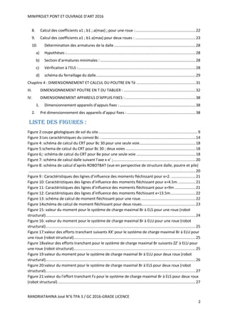 MINIPROJET PONT ET OUVRAGE D’ART 2016
RANDRIATAHINA José N°6 TPA 3 / GC 2016-GRADE LICENCE
2
8. Calcul des coefficients a1 ; b1 ; a(max) ; pour une roue :.........................................................22
9. Calcul des coefficients a1 ; b1 a(max) pour deux roues : .........................................................23
10. Détermination des armatures de la dalle .............................................................................28
a) Hypothèses :..........................................................................................................................28
b) Section d’armatures minimales : ..........................................................................................28
c) Vérification à l’ELS :...............................................................................................................28
d) schéma du ferraillage du dalle..............................................................................................29
Chapitre 4 : DIMENSIONNEMENT ET CALCUL DU POUTRE EN Té ........................................................31
III. DIMENSIONNEMENT POUTRE EN T DU TABLIER : ....................................................................32
IV. DIMENSIONNEMENT APPAREILS D’APPUIS FIXES :...................................................................38
1. Dimensionnement appareils d’appuis fixes :........................................................................38
2. Pré dimensionnement des appareils d’appui fixes :.................................................................38
Liste des figures :
Figure 2:coupe géologiques de sol du site..............................................................................................9
Figure 3:Les caractéristiques du convoi Bc . .........................................................................................14
Figure 4: schéma de calcul du CRT pour Bc 30 pour une seule voie.....................................................18
Figure 5:schema de calcul du CRT pour Bc 30 ; deux voies ..................................................................18
Figure 6;: schéma de calcul du CRT pour Be pour une seule voie ........................................................18
Figure 7: schéma de calcul dalle suivant l’axe x-x’ ;..............................................................................20
Figure 8: schéma de calcul d’après ROBOTBAT (vue en perspective de structure dalle, poutre et pile)
..............................................................................................................................................................20
Figure 9 : Caractéristiques des lignes d’influence des moments fléchissant pour x=2. .......................21
Figure 10: Caractéristiques des lignes d’influence des moments fléchissant pour x=4.5m.................21
Figure 11: Caractéristiques des lignes d’influence des moments fléchissant pour x=9m....................21
Figure 12: Caractéristiques des lignes d’influence des moments fléchissant x=13.5m........................22
Figure 13: schéma de calcul de moment fléchissant pour une roue....................................................22
Figure 14schéma de calcul de moment fléchissant pour deux roues...................................................23
Figure 15: valeur du moment pour le système de charge maximal Br à ELS pour une roue (robot
structural)..............................................................................................................................................24
Figure 16: valeur du moment pour le système de charge maximal Br à ELU pour une roue (robot
structural)..............................................................................................................................................25
Figure 17:valeur des efforts tranchant suivants XX' pour le système de charge maximal Br à ELU pour
une roue (robot structural)...................................................................................................................25
Figure 18valeur des efforts tranchant pour le système de charge maximal Br suivants ZZ' à ELU pour
une roue (robot structural)...................................................................................................................25
Figure 19:valeur du moment pour le système de charge maximal Br à ELU pour deux roux (robot
structural)..............................................................................................................................................26
Figure 20:valeur du moment pour le système de charge maximal Br à ELS pour deux roux (robot
structural)..............................................................................................................................................27
Figure 21:valeur du l'effort tranchant Fz pour le système de charge maximal Br à ELS pour deux roux
(robot structural) ..................................................................................................................................27
 