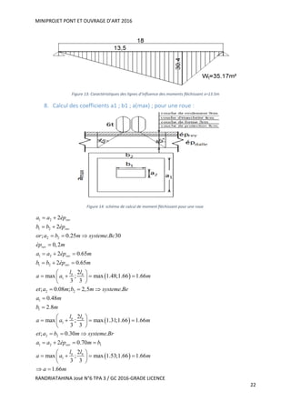 MINIPROJET PONT ET OUVRAGE D’ART 2016
RANDRIATAHINA José N°6 TPA 3 / GC 2016-GRADE LICENCE
22
Figure 13: Caractéristiques des lignes d’influence des moments fléchissant x=13.5m
8. Calcul des coefficients a1 ; b1 ; a(max) ; pour une roue :
Figure 14: schéma de calcul de moment fléchissant pour une roue.
 
1 2
1 2
2 2
1 2
1 2
1
2 2
1
1
1
2
2
; 0.25 . 30
0,2
2 0.65
2 0.65
2
max ; max 1.48;1.66 1.66
3 3
; 0.08 ; 2,5 .
0.48
2.8
2
max ;
3 3
rev
rev
rev
rev
rev
b b
b b
a a ép
b b ép
or a b m systeme Bc
ép m
a a ép m
b b ép m
l l
a a m
et a m b m systeme Be
a m
b m
l l
a a
 
 
  

  
  
 
    
 
  



   
 
2 2
1 2 1
1
max 1.31;1.66 1.66
; 0.30 .
2 0.70
2
max ; max 1.53;1.66 1.66
3 3
1.66
rev
b b
m
et a b m systeme Br
a a ép m b
l l
a a m
a m

  
 
  
   
 
    
 
 
 