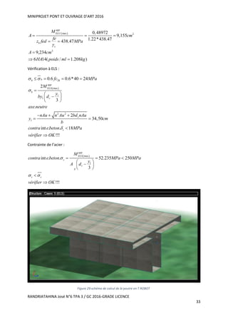 MINIPROJET PONT ET OUVRAGE D’ART 2016
RANDRIATAHINA José N°6 TPA 3 / GC 2016-GRADE LICENCE
33
 max 2
2
0,48972
9,155
1.22*438.47438.47
9,234
6 14( / 1.208 )
app
ELU
b
s
M
A cm
fe
z fed MPa
A cm
HA poids ml kg

  
 

 
Vérification à ELS :
 
28
max
1
1
2 2
1
0.6 0.6*40 24
2
3
.
2
34,50
int . . 18
!!!
bb
app
ELS
b
r
r
s
fc MPa
M
y
by d
axe neutre
nAu n Au bd nAu
y cm
b
contra e beton MPa
vérifier OK
 


   

 
 
 
  
 


Contrainte de l’acier :
 max
1
int . . 52.235 250
3
!!!
app
ELS
s
r
S
s s
M
contra e beton MPa MPa
y
A d
vérifier OK

 
  
 
 
 


Figure 29:schéma de calcul de la poutre en T ROBOT
 