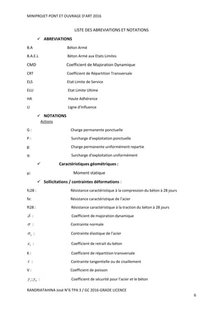 MINIPROJET PONT ET OUVRAGE D’ART 2016
RANDRIATAHINA José N°6 TPA 3 / GC 2016-GRADE LICENCE
6
LISTE DES ABREVIATIONS ET NOTATIONS
 ABREVIATIONS
B.A Béton Armé
B.A.E.L Béton Armé aux Etats Limites
CMD Coefficient de Majoration Dynamique
CRT Coefficient de Répartition Transversale
ELS Etat Limite de Service
ELU Etat Limite Ultime
HA Haute Adhérence
LI Ligne d’Influence
 NOTATIONS
Actions
G : Charge permanente ponctuelle
P : Surcharge d’exploitation ponctuelle
g: Charge permanente uniformément repartie
q: Surcharge d’exploitation uniformément
 Caractéristiques géométriques :
μ: Moment statique
 Sollicitations / contraintes déformations :
fc28 : Résistance caractéristique à la compression du béton à 28 jours
fe: Résistance caractéristique de l’acier
ft28 : Résistance caractéristique à la traction du béton à 28 jours
 : Coefficient de majoration dynamique
 : Contrainte normale
e : Contrainte élastique de l’acier
r : Coefficient de retrait du béton
K : Coefficient de répartition transversale
 : Contrainte tangentielle ou de cisaillement
V : Coefficient de poisson
;s b  : Coefficient de sécurité pour l’acier et le béton
 
