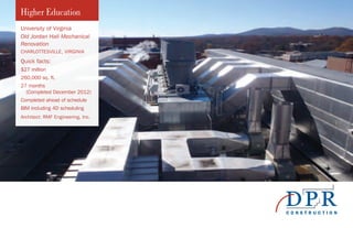 Higher Education
University of Virginia
Old Jordan Hall Mechanical
Renovation
CHARLOTTESVILLE, VIRGINIA
Quick facts:
$27 million
260,000 sq. ft.
27 months
(Completed December 2012)
Completed ahead of schedule
BIM including 4D scheduling
Architect: RMF Engineering, Inc.
 