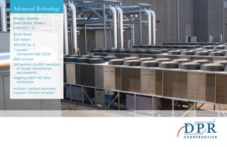 Morgan Stanley
Data Center, Phase I
SOMERSET, NJ
Quick facts:
$25 million
400,000 sq. ft.
7 months
(Completed May 2010)
GMP contract
Self perform 15,000 manhours
of drywall, doors/frames
and carpentry
Targeting LEED®
-NC Silver
certification
Architect: Highland Associates
Engineer: Thornton Tomasetti
Advanced Technology
 