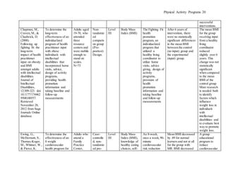 Physical Activity Programs 20
successful
interventions.
Chapman, M.,
Craven, M., &
Chadwick, D.
(2008).
Following up
fighting fit: the
long-term
impact of health
practitioner
input on obesity
and BMI
amongst adults
with intellectual
disabilities.
Journal of
Intellectual
Disabilities,
12:309-323. doi:
10.1177/174462
9508100557.
Retrieved
November 28,
2012 from Sage
Journals Online
database.
To determine the
long-term
effectiveness of an
individualized
program of health
practitioner input
with obese
individuals with
intellectual
disabilities that
incorporated home
visits, advice,
design of activity
programs,
providing health
promotion
information and
taking baseline and
follow-up
measurements
Adults aged
19-70, who
attended
three
resource
centers and
were mobile
enough to
stand on
scales.
N=73
Non-
randomiz
ed
comparis
on group
(Pre-
posttest)
Design.
Level
III
Body Mass
Index (BMI)
The Fighting Fit
health
promotion
program, an
individualized
program that
utilized a
healthy living
coordinator to
utilize home
visits, advice
giving, design of
activity
programs,
provision of
health
promotion
information and
taking baseline
and follow-up
measurements
After 6 years of
intervention, there
were no statistically
significant differences
in the mean BMI
between the control
(no input) group and
the experimental
(input) group.
The mean BMI
for the group
receiving input
from a healthy
living
coordinator
reduced
slightly over 6
years. This
change was not
statistically
significant
when compared
to the mean
BMI of the
control group.
More research
is needed both
to identify
factors which
influence
weight loss in
individuals
with
intellectual
disabilities and
to evaluate best
way to promote
weight loss.
Ewing, G.,
McDermott, S.,
Thomas-Koger,
M., Whitner, W.,
& Pierce,K.
To determine the
effectiveness of an
8 weight
cardiovascular
health program for
Adults who
attend a
Family
Practice
Center,
Case-
controlle
d, non-
randomiz
ed pre-
Level
III
Body Mass
Index (BMI),
knowledge of
healthy eating
choices, self-
An 8-week,
once a week,90-
minute
cardiovascular
risk reduction
Mean BMI decreased
by .89 for normal
learners and not at all
for the group with
MR. BMI decreased
A group
educational
program to
reduce
cardiovascular
 