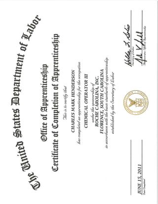 Mark Henderson Chemical Operator Apprenticeship Certificate