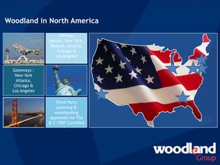 Gateways :
New York
Atlanta,
Chicago &
Los Angeles
Woodland in North America
Offices:
Boston, New York,
Newark, Atlanta,
Chicago &
Los Angeles
Third Party
scanning &
warehousing
approved via TSA
& C-TPAT Certified
 